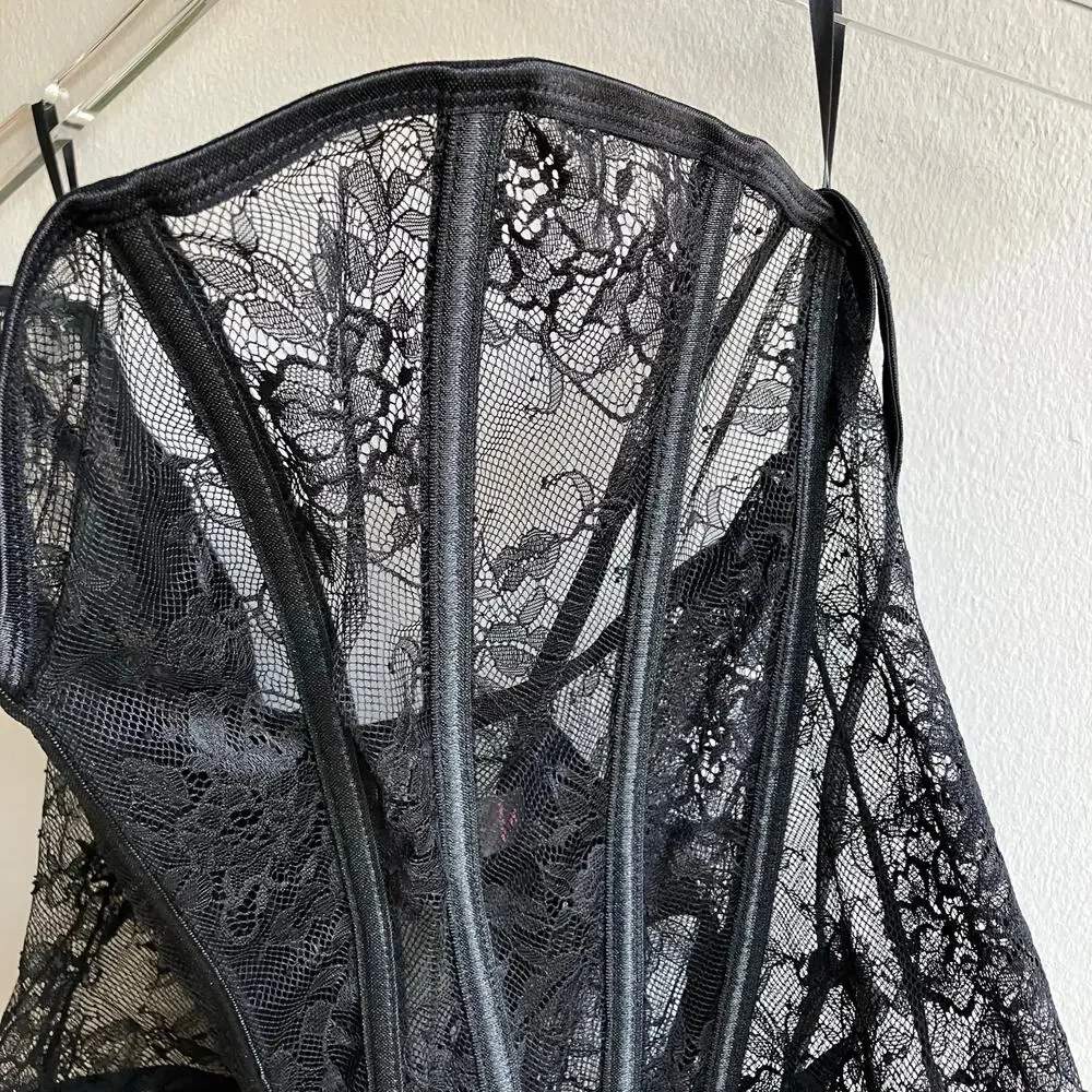 Fantasy Lingerie Lace Corset Size 2XL Black Sheer Mesh Bustier Lace Up Overbust